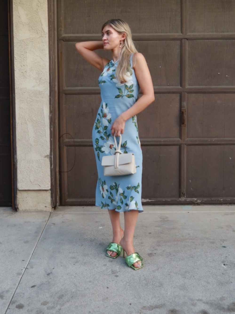 Reformation Blue Floral Midi Dress with Leaf Print
